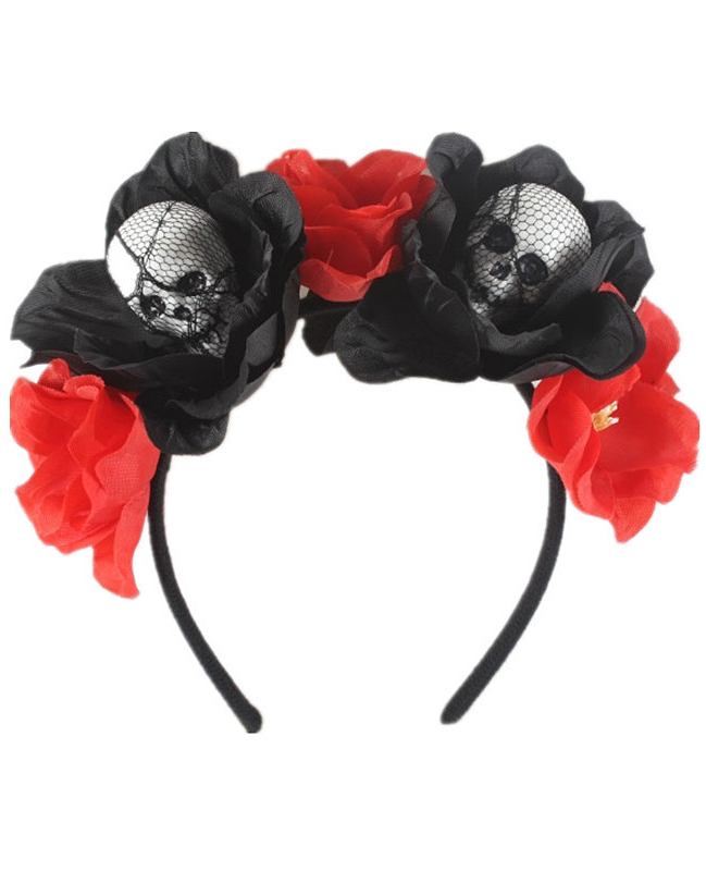 Ободок с черепами и красно-черными цветами