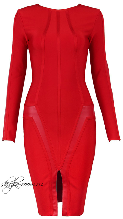 Красное платье Herve Leger с кожаными вставками