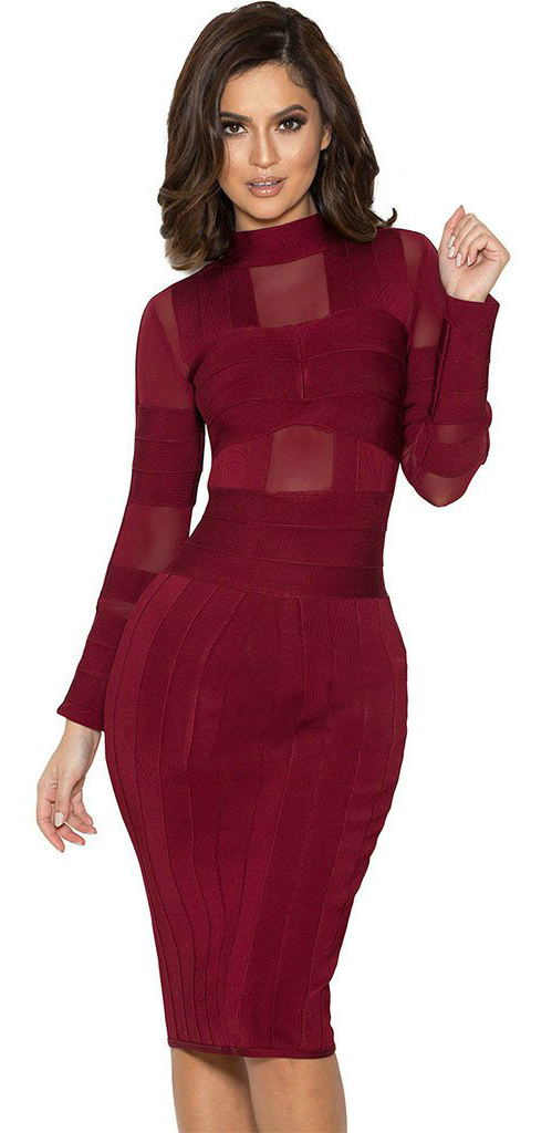 Бордовое Платье Herve Leger с прозрачными вставками