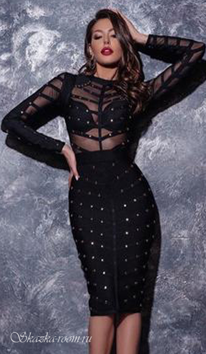 Бандажное платье с плоскими клепками - Люкс (черное)
